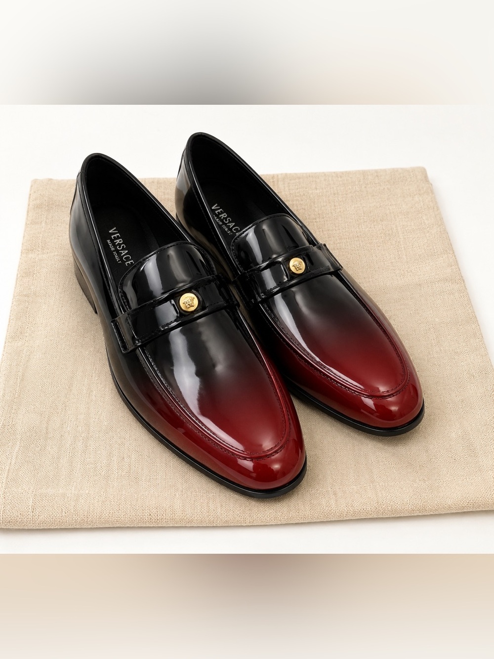 Versace Men's Black Cherry Ombre Patent Leather Medusa Loafers Italy sz 44 us 10